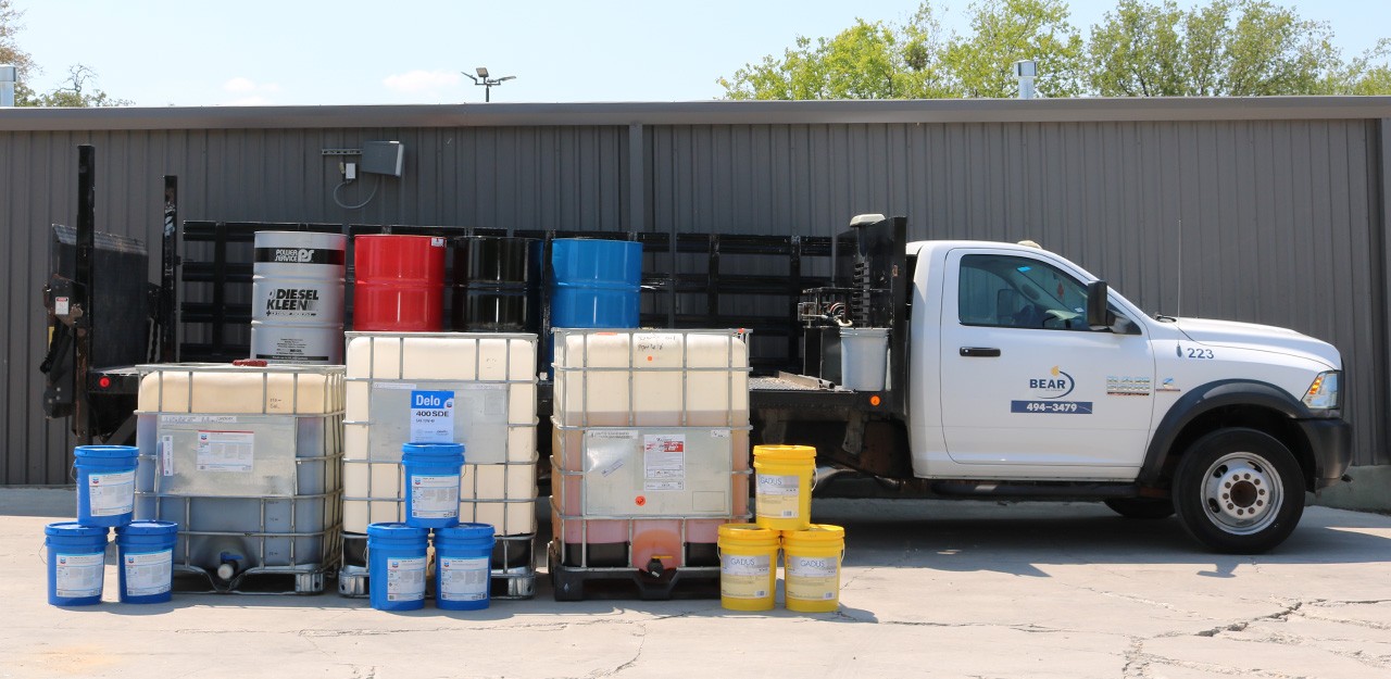 Lubricants in front of Bear Oil Truck